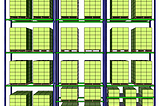 A warehouse storage system showing multiple racks filled with uniformly stacked pallets. The pallets are arranged in a vertical, three-level shelving unit, each containing boxes that are tightly packed. The shelving structure is made of metal frames, with green beams supporting the loads. This image represents an efficient use of warehouse space, visualizing the layout optimization process that could be improved using the Pareto Principle to focus on high-demand items.