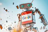 Ein explodierender Roboter, der Suchmaschinen repräsentieren soll