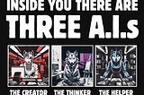 HEADLINE: Inside you there are three A.I.s. Images show The Creator (a red cyborg wolf), The Thinker (a purple cyborg wolf), and The Helper (a blue cyborg wolf).