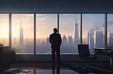 Black man standing in his skyscraper office, looking out the window. AI generated image by Midjourney.