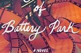 book cover of Jane of Battery Park. Orange and red tones show park benches and lamp posts in background with swirling glossy film strip in foreground