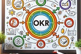 A colorful handrawn whiteboard with the letters “OKR” in a circle with arrows point to smaller circles.