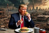 Trump eating a hamburger, behind him an apocalyptic wasteland