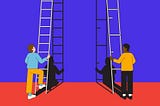 Systemic racism: White man with ladder with all the steps in place next to black man with ladder with few and broken steps.