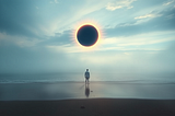 A person stands on a desolate beach. they’re looking out over the water into the fog. Above is an eclipsed Sun.