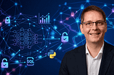 Sebastian Wernicke smiling in a dark suit and glasses in front of a blue AI-themed network visualization with security locks, charts, SQL and Python icons.