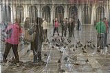 People and pigeons in St. Marks Square, Venice overlaid with room-sized scrulpture