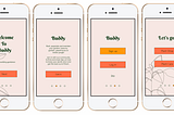 Four iPhone mock-ups, showing the four-step on-boarding process of the app.
