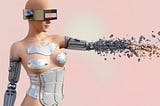 A sexy robot woman with a fragmented arm.