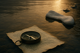 A symbolic photograph featuring a brass compass resting on a weathered, torn manuscript page. Soft natural light falls across the scene, evoking a quiet sense of direction and reflection. The compass needle points true north, suggesting moral clarity amidst fragmentation.