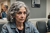 Image of an older woman with half long grey curly hair, sitting in the waiting room of a doctor.