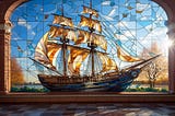 A stained glass window depicting a pirate ship with beautiful billowing sails in tones of brown and amber against a blue sky with white clouds.