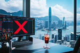 photo of a trading desk in the middle with Massive red “X” over the trading screen, overlooking the beautiful Hong Kong skyline at the background, a cocktail on the desk, AI image created on midjourney by henrique centieiro and bee lee