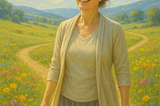 A woman, with a smile, with paths (choices) behind her, and more to come. There are mountains and trees in the peaceful background with wildflowers in the foreground.
