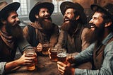 Four men with beards drinking and laughing in an Old West saloon.