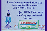 Cartoon witch says she went to a restaurant that was so expensive, the menus didn’t have prices. Just little faces with varying expressions of horror. Liberty Forrest, heart centered guidance, spiritual arts mentor.