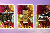 Three oracle pick a card piles: pile 1 — vintage suitcase, pile 2 — film roll, and pile 3 — music player