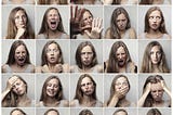 An image which shows multiple photos of a fair-skinned, brown-haired woman making different faces to depict different emotions.