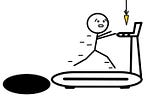 Person running on a treadmill with a golden carrot dangling in the front and a black abyss in the back.