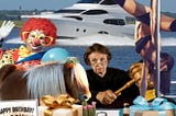 Photo of a celebration with a yacht on the water and a table full of gifts. A plane flies by with a flag reading “Well Done!” A clown stands behind a pony next to a judge and a dancer on a pole. Gifts include a birthday card displaying “1 in 8 Billion.” The pony eats a cactus next to handcuffs and a bottle of Jack Daniels.