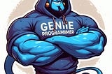 Muscular blue cartoon genie with a hoodie on, ‘Genie programmer’ written on it