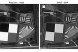 Zoom-in of the calibration targets for the PAN and MS detectors of Pleiades (two leftmost pictures) and SPOT (two rightmost pictures). With these targets it is easier to appreciate the difference in spatial resolution of the detectors. The Siemens Star (target on the lower right of each picture) allows to estimate the spatial resolution by measuring the radius at which the aliasing effect is visible. MTF can be computed from the slanted edge target.