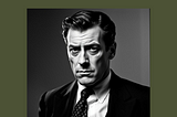 1940s poster image of an older gentleman with a rugged face, dark hair, and wearing a tie