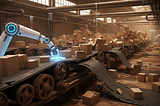 A factory interior with a badly broken conveyor belt system. The belt is torn and sagging, with cardboard boxes scattered and piled up across the floor and machinery. Rusty gears and leaking pipes surround the scene. In the centre, a sleek white robotic arm with a glowing blue light works carefully on one small section of the belt, oblivious to the chaos around it.