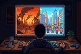 A developer sitting at his computer with his back to the viewer. On the left half of his screen we see a post-apocalyptic world in flames, on the right half we see a vibrant city street with everyone being nice to each other.