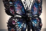‘Bagatelle’ | Image of an Ornate Gothic Styled Butterfly Decoration, Metallic and Glass, Black on Blue, Pink and Purple, Generated by Gustave Deresse | Writer; AI Artist in NightCafe; unedited