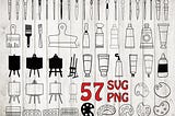 57 x Art supplies bundle, art svg,artist cut file, easel svg,painter cut file,artist svg, artist clipart, art silhouette svg,paint brush svg