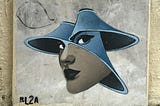 Surreal street art of a woman wearing a blue hat.