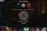 A screenshot showing the Mythic Plus rating of my warrior before I played my priest.