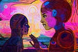 An AI-generated psychedelic image of a woman talking to a robot, asking for assurance about her fear of being replaced. The robot is reassuring her.