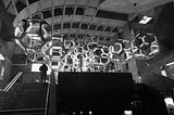 A metro station in Montreal, Canada, with a futuristic art installation (Namur Metro Station).