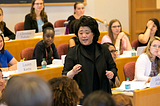 inside of a business classroom in Harvard Law School