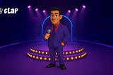 Illustrated cover image showing the Clap host character standing on a small, lit stage. The host is a friendly, cartoon-style figure wearing a purple suit and holding a microphone, framed by glowing lights and a curved archway. The Clap logo appears in the upper left, suggesting a game show–style setting and the role of the host as a guide and commentator within the Clap experience.