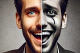A face split between joy and stress, revealing the hidden struggle behind the myth of constant happiness.