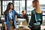 Girl says “talk to the hand” to an office colleague