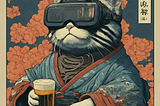 Ukiyo-e painting of a cat hacker wearing VR headsets , on a postage stamp , no text in any characters drinking beer ,