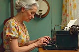 This image shows a woman in a floral dress, heartbroken and seated at a typewriter with a banjo on the wall. The artwork evokes folk art with expressive brushstrokes and nostalgic storytelling