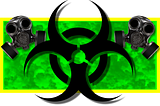 Biohazard Toxic Symbol with a bright green background and some gas masks on each side.