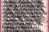 A pale pink background with pale grey and red paint splodges shows text overlapping, repeating, and duplicated over itself multiple times.