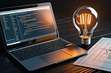An AI created image of an open laptop, a lit lightbulb and a blueprint