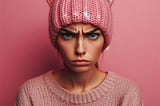 Head and shoulders image of angry young woman wearing a pink knitted hat that has cat ears