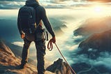 A person climbing a mountain with a rope and a harness. The photo symbolizes self-improvement and life goals.