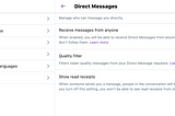 Settings area on Twitter for Direct Messages