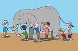 Illustration of six blind men touching an elephant