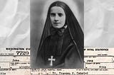 A black-and-white photo of Mother Frances Xavier Cabrini, layered over a photo of John Michalak’s birth certificate.