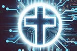 A shining Christian cross embedded on a microchip.